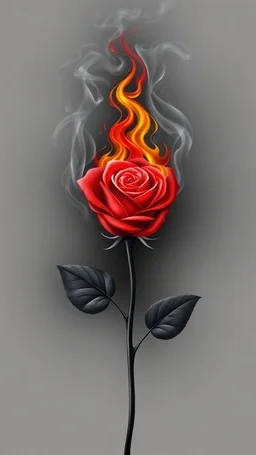 a rose where the stem and leaves(black) is made of smoke, and the flower(red) is made of flame shapes that spiral in the middle, vector