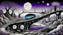 whimsical weird vehicle, and bizarre shapes in weird whimsical landscape between two long thin bridges, surreal vibe with abstractions, around surreal cracked painted weird land with rocks, trees, two moon, deep dark purple, gray, black, white, brown pale blue colors. style of Chagall , of Minjae Lee and Tim Burton, absurd beauty picture. weird bizarre absurd, nightmare, big neuron network clouds background and thin bridges, too big, too elongated shapes, psychedelic dreams