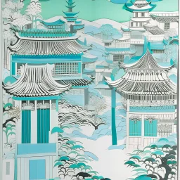 A pale grayish cyan village near a palace in the sky designed in Chinese paper art painted by Henri Matisse
