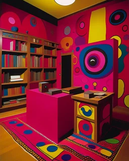 A magenta psychic library with a cyclops painted by Wassily Kandinsky