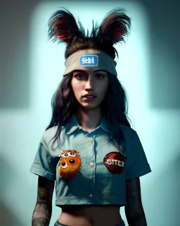 Realistic portrait, hybrid character, waitress sexy British woman with monster muppet mask that covers her entire head, Sesame Street style, retro style, pub, short shirt, tray, beer, old school tattoo, hot, smooth, unreal engine 5, god lights, ray tracing, RTX, lumen lighting, ultra detail, volumetric lighting, 3d.