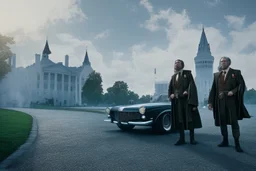 realistic Harry Potter and Dumbledore standing in front of white house