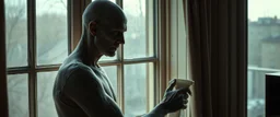 A photorealistic cinematic gothic horror scene of an extremely pale, sickly vampire quietly cleaning a large window in an ordinary old apartment during early morning. The vampire is doing the mundane task with calm, almost routine concentration, holding a worn cloth in one hand and a small spray bottle in the other. His skin is the main visual focus: extremely pale and unhealthy-looking, dry and uneven, with a naturally irregular organic texture, tiny pores, fine wrinkles, subtle flaky patches,