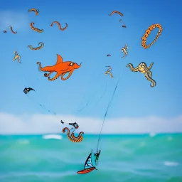 octopus and fish doing kitesurfing in the air, through a city, skyscrapers