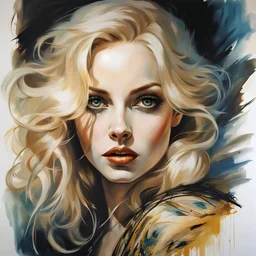 Blonde Thin very curvy Scandinavian Woman 30yo, Big Eyes, very Long Eyelashes, dark Eyeshadow, extreme detail face closeup, by Gil Elvgren and Alex Ross and Carne Griffiths, detailed painting with dramatic shading