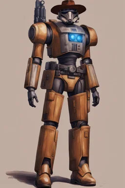 A Star Wars Combat Droid, Wearing Western Cowboy Clothes, Armour looks like Halo, Wearing a cowboy hat and a Cowboy Over-Coat.