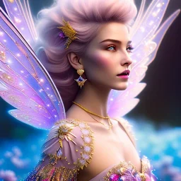 enlighten, light pink pink colors, beautiful man of happy smiling blond bright fairy with wings, crystals, blue gold dress, blue sky, flowers landscape all colors , water river . 8 K, fantasy