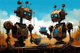 two crazy rusty scrappy robots drinking coffee in urban decay, negative space, wet print, ink leak, overheat, dramatic, cinematic, sudden jolt dynamics, amazing reflections and parallels and verticals, Afro-futurism, surreal futurist architecture art, surreal liminal space, tribal vibe and patterns, colors of light sky blue and beige and black