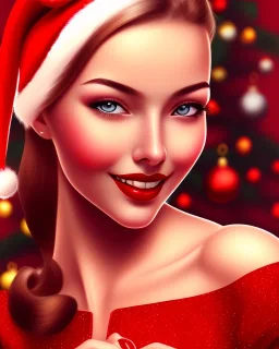 girl in red dress, close up portrait, Christmas, smiling, cute, beautiful, 1940s