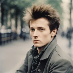 Color picture sitting on a bench in Paris: Biographie, photographie et citations de Arthur Rimbaud. Jean Nicolas Arthur Rimbaud est un poète français (with a messy hairdo,)