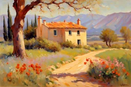 sunny day, mountains, trees, dirt road, flowers, spring, countryside, adobe house, wilfrid de glehn and rodolphe wytsman impressionism paintings