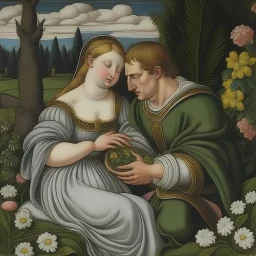 renaissance style female angel, breastfeeding a man in a garden