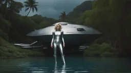 Middle-aged woman with blond hair in a robotic silver catsuit, standing on the right of a partially submerged sleek spaceship, on an alien beach, with alien trees