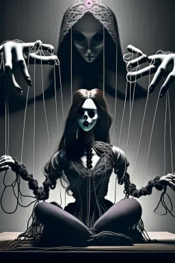 A dramatic digital mage of a woman seated on a table,facing to the front ,she is connected to string like a puppet, arms in air, moved by the strings, puppet like features in the face, beautiful face, behind her also facing the front is the puppet master,is a huge image of a man holding the strings, creepy gothic character,.zoomed in, dark and shadowy background with selective lighting on the woman, gothic and chaotic