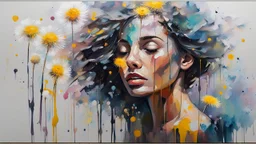 Painting with a dense palette, oil on canvas, hard strokes, paint drips, paint splashes. Woman, dandelion