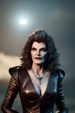 Rene Russo as evil queen in leather, cleavage, angry, stern look, unreal 5, octane render,cinema4d, dynamic lighting, dramatic lighting, 4k, redshift render, highly detailed, hyper realistic