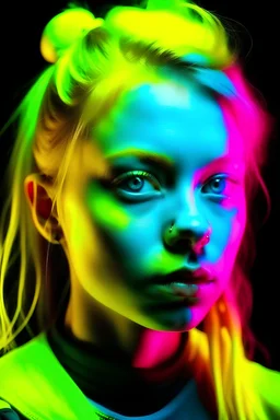 Neon negative in yellow pink and cyan colours pig tails girl face