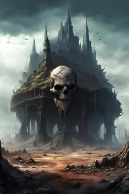city, fantasy build in the decaying corpse of a titan lying on a ground, wide as a continent, concept art