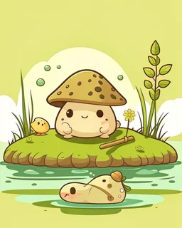 magical kawaii mushroom with a big, frowning mouth and droopy eyes, sitting on a lake log in a quiet and peaceful lake, lost in its own thoughts, high details, forest background, cute, kawaii, style coloring cover for adults, ultra reality