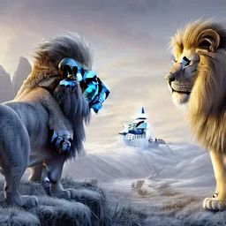 Chronicles of Narnia, Aslan the lion on a hill with castle in background, 8k resolution, high-quality, fine-detail, intricate, digital art, detailed matte, volumetric lighting, illustration, 3D octane render, brian froud, howard lyon, selina french, anna dittmann, annie stokes, lisa parker, greg rutowski,