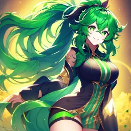 girl, masterpiece, best quality, volumetric lighting, detailed outfit, perfect eyes, long hair, green hair, green eyes, beautiful lighting, vibrant colors, smiling, thigh highs, ponytail, messy hair,