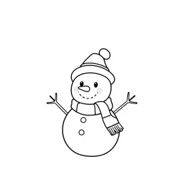 A black and white cute drawing of a Snowman. Only outline, white background,for kids. The illustration should be in [SUPER SIMPLE], black and white, bold line art with a clear, mostly empty background. [INCLUDES ONLY OUTLINES WITH NO FILLED IN BLACK AREAS], ensuring no shading, no complex images, and making it very easy to color in between the lines.