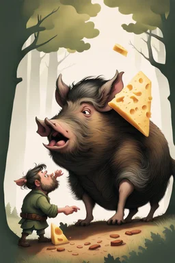book cover illustration, With the wild boar snorting, our brave dwarf stumbled. On day two, he regrouped, plotting a clever scheme, With a giant cheese wedge, he is feeding it