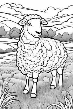 coloring page, sheep in a grassy meadow, cartoon style, thick lines, low detail, no shading