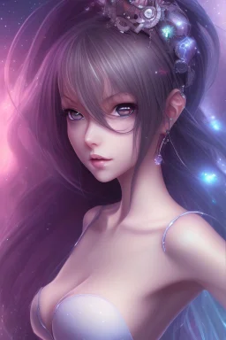 Anime girl close and personal but beautiful. She knows what she wants and how to get it. Stunning Starsign background