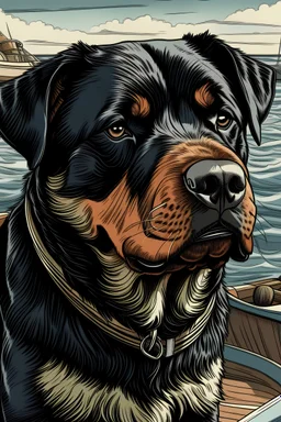 disegna un cane rottweiler al timone di una barca