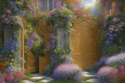 intricate ornate gate, garden, path, flowers, fine detail, high quality, Post-Impressionism, mystical, neo-dada