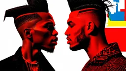 two images of two men with mohawks and one with a mohawk, cyberpunk art, afrofuturism, basquiat | afrofuturism, afrofuturism style, yasuke 5 0 0 px models, afro - futurist style, african cyberpunk wizards, afro futurism