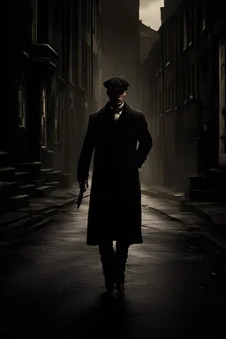 A dark street with tommy shelby walking in his hand, best quality, cinematic,