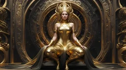 (1woman), (medium full shot), (sitting:1.1), Fantastic Details Full, Trending On Artstation, Pixiv, Cgsociety, Hyperdetailed, Unreal Engine, Wlop, (Chrome Gold Shine Futuristic), sf, imatte painting movie poster, golden ratio, trending on cgsociety, h. r. giger and beksinski, highly detailed, vibrant, character render