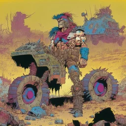 Un guerrero motorizado en un estilo de comic de 1980 en un wasteland con mutantes