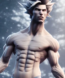 avatar, goku, white and purple lines hair, fighting pose, muscular body, shirtless, volumetric details, hyper realism, unreal engine 5