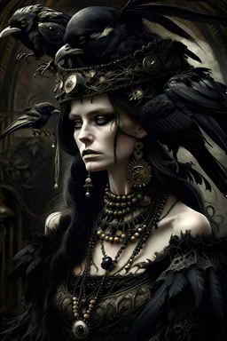 Beautifulfull young baroque etherial woman portrait, crows on the shoulders, adorned with black Crow textured feathered and Crow bird, white opal stone and shiny black etherial pearls and crystal gems, ribbed textured baroque headdress and ornate bird feather and onix mineral stone masque. Extremely detailed textured gothica style black feathered rococ style lace ribbed black and gold dust gradient costume organic bio spinal ribbed detail of floral baroque garden Ornaments ornate flowers backgro