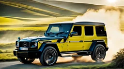A sleek (((Bugatti G Wagon))) with a majesticly curved rear, cutting through a (sunny, open countryside) backdrop