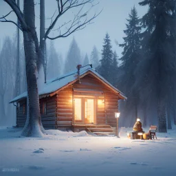 a sad Finnish man without food on his plate, outside his house in the forest, Winter, snow, very cold, Finnish flag down at half way up, Finnish flag, a bottle of Koskenkorva in his hand, knifes and sauna, Simon Stålenhag style