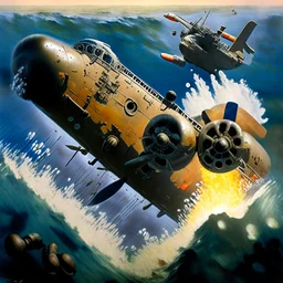 A British Catalina naval plane flies in World War II in the Atlantic Ocean over a German submarine U-107 whose commanders are standing in the turret and drops a bomb that explodes in the water near the submarine and creates waves around it