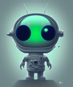 green alien in the style of mark ryden, (big black oval eyes), silver spacesuit, martian, raygun, 2d render icon, cute, sticker art, vibrant colors, moon surface bg, south park, centered full body in center of frame, smooth, (hello kitty art), minimal detail, bright lighting