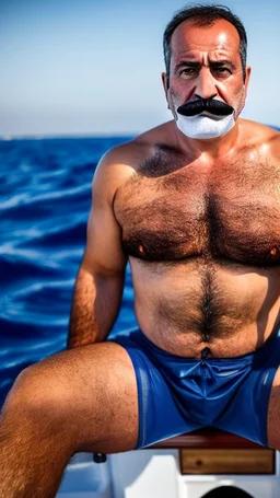 Turkish helmsman drives a fishing boat holding the helm, burly, strong beefy, in undershirt and boxer shorts, 42 years old, moustache, short beard, curly hair, in tank top and boxer shorts, photorealistic, view from the bottom, ambient occlusion, sunlight