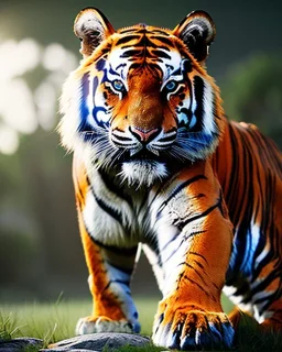 realistic exotic beautiful animal tigerian creature with the full head , high quality, very detailed, masterpiece, 8k,uhd,vfx,artstation,very epic,with four legs, perfect anatomy,beautiful environment ,colores of the peacock