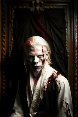 Artistic portrait of an albino vampire portrayed by Kadaj in front of a blood splattered curtain by Annie Leibovitz