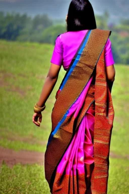 a girl walking in saree ,batik saree,