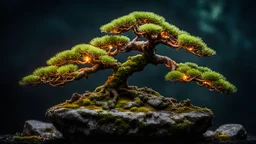 A bonsai tree with Christmas lights on a wet rock with moss and lichens,dark background,dramatic scene,