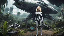 Wide-angle, full body of a woman, with straight blond hair, dressed like a robot, with equipment in her hands, next to a crashed spaceship, on an alien jungle world in the multiverse