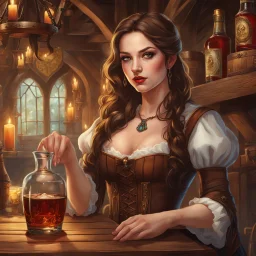 A young woman with pale skin and long brown hair in a fantasy tavern setting with intricate details. She is smirking, a tavern wench pouring a glass of whiskey, has intense red eyes, intimidating presence. High definition.