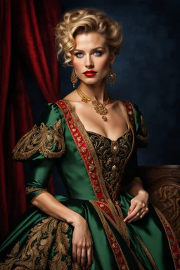 Hollywood photo Rembrandt perfect green eyes, bright red lips, blonde hair, front face, front look, full pose, fantastic face, Caucasian, beautiful look, detailed elegant gold and red dress, Victorian black formal dress, elegant hair up, indigo tones background, ultra focus, illuminated face, detailed face, 8k resolution, sharp focus, studio photo, intricate details, highly detailed