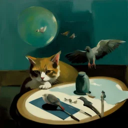 UN conference.a cat looking at a pigeon,human flesh-like surgical instruments and universe-like neuralink, surrealism,symbolism,minimalism,Painting By Adrian Ghenie, Rene Magritte, Salvador Dali, Lucian Freud